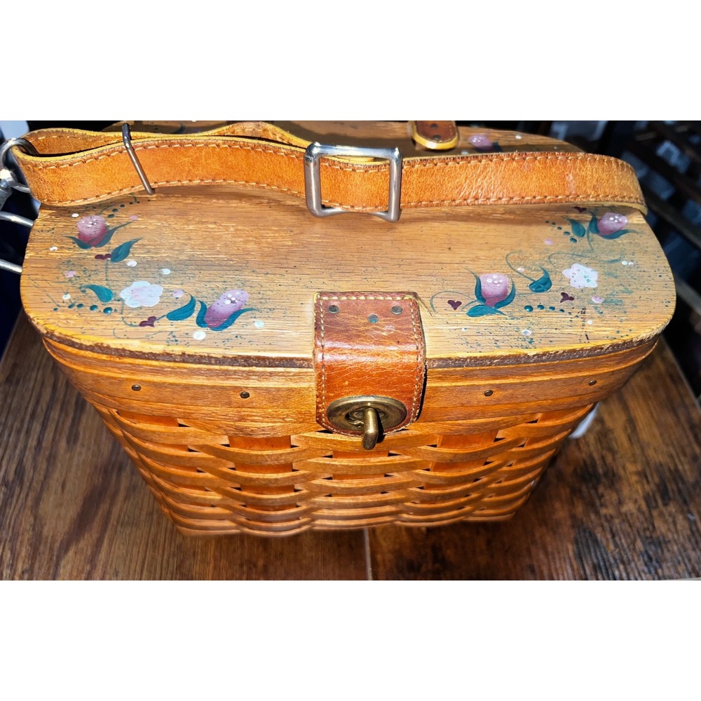 Longaberger Handwoven Basket Purse Good‎ Floral hand Painted Wood Lid